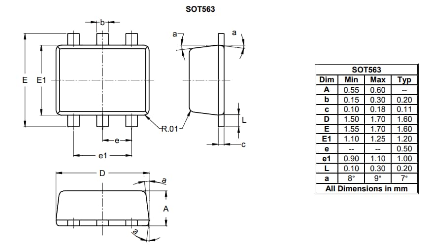 機械図面 - Diodes Incorporated DMN52D0UV Nチャネル・エンハンスメント・モードMOSFET